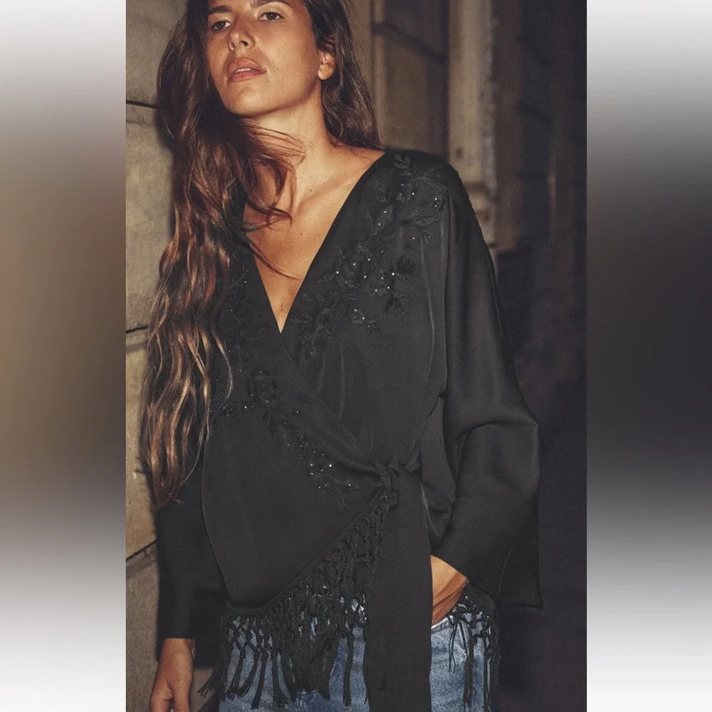 Zara fringed embroidered kimono top